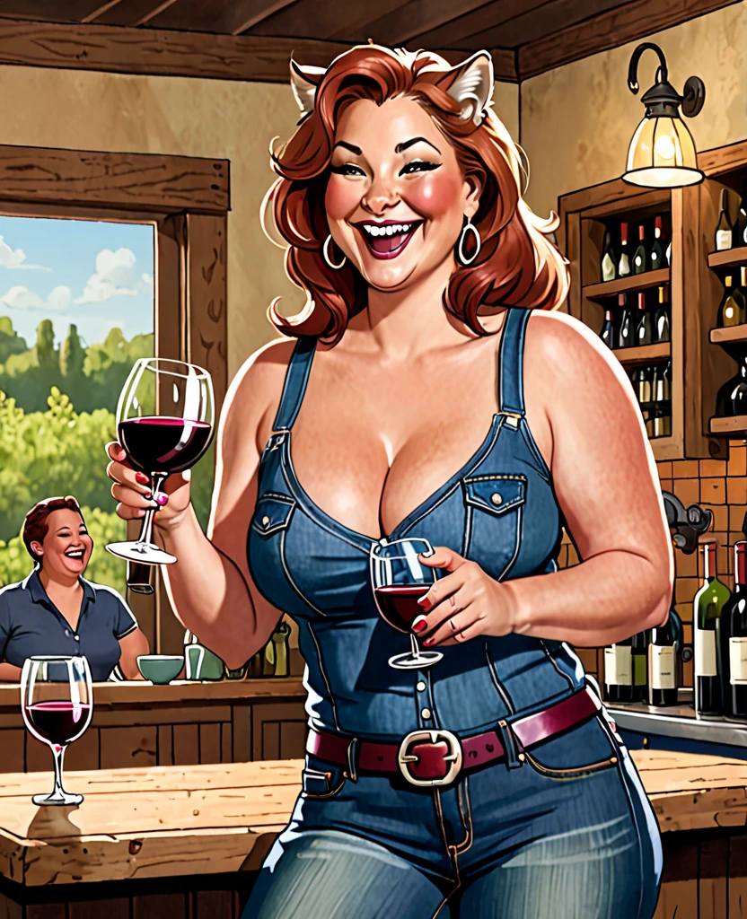A female anthropomorphic cougar, chubby, with jeans and a tank top on, wine glass in hands, giggling, exposed cleavage
