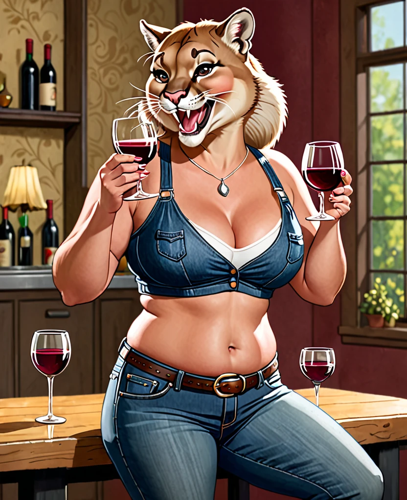 A female anthropomorphic cougar, chubby, with jeans and a tank top on, wine glass in hands, giggling, exposed