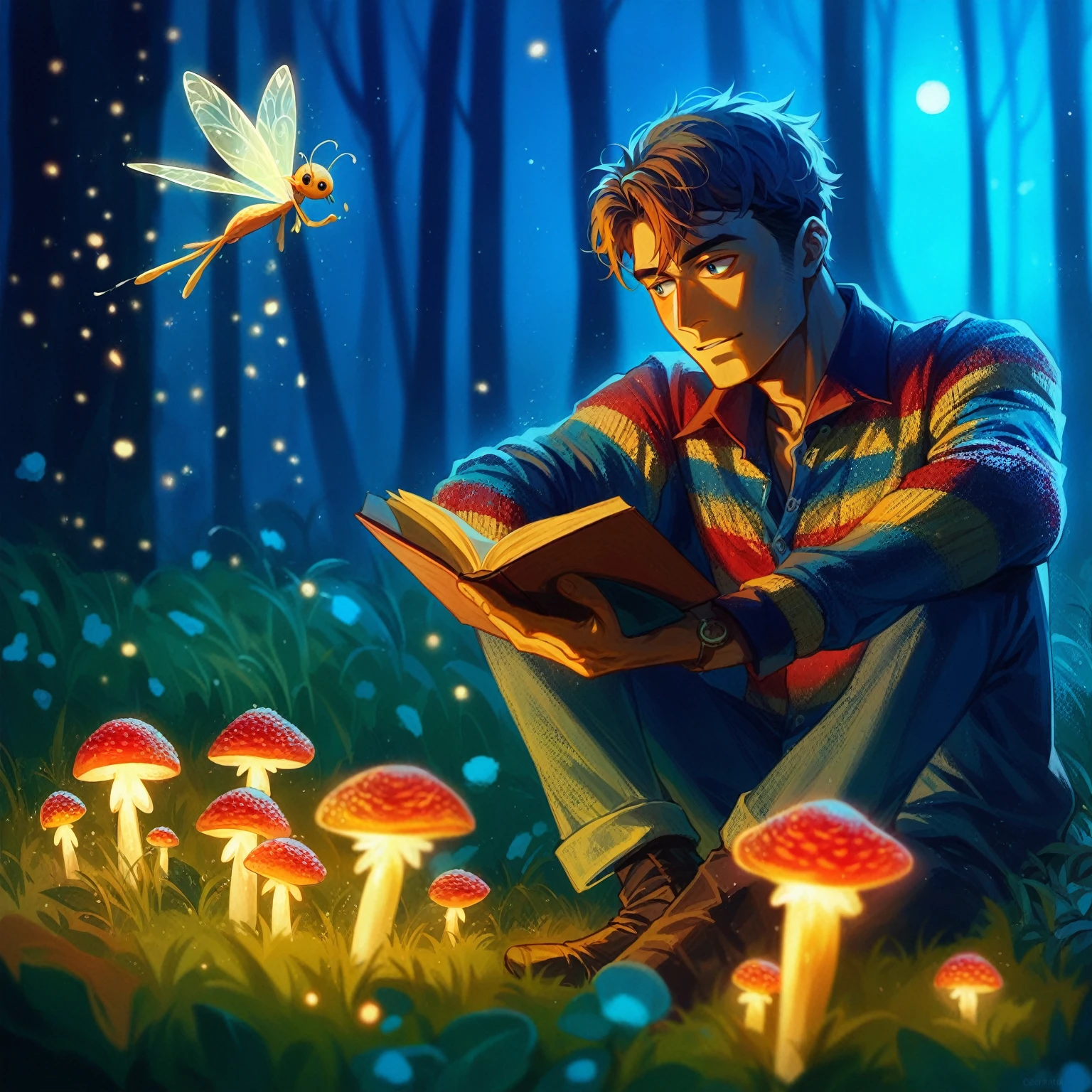 "Several neon-lit Amanita muscaria mushrooms live among the grass at night. The reflection of the moonlight creates a beautiful picture. A handsome Korean man wearing trendy and cool clothes sits peacefully while reading a book accompanied by beautiful fairies flying like fireflies