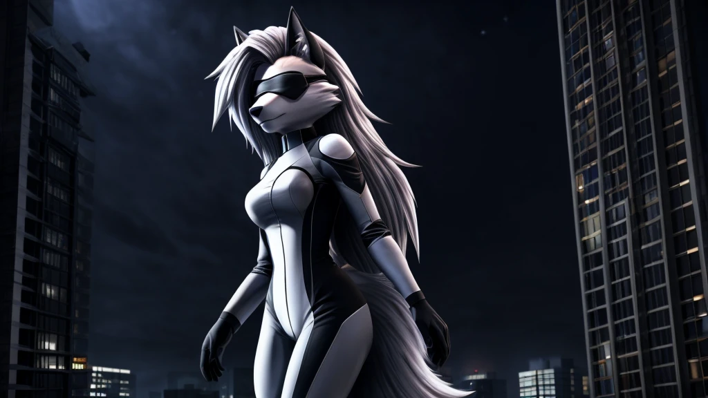 Loona from Helluva Boss, female white wolf, anthro, mature adult, fluffy short white hair, blindfold, white combat bodysuit, vigilante, standing, dark, night, above a building, serious, detailed, solo, beautiful, high quality, 4K