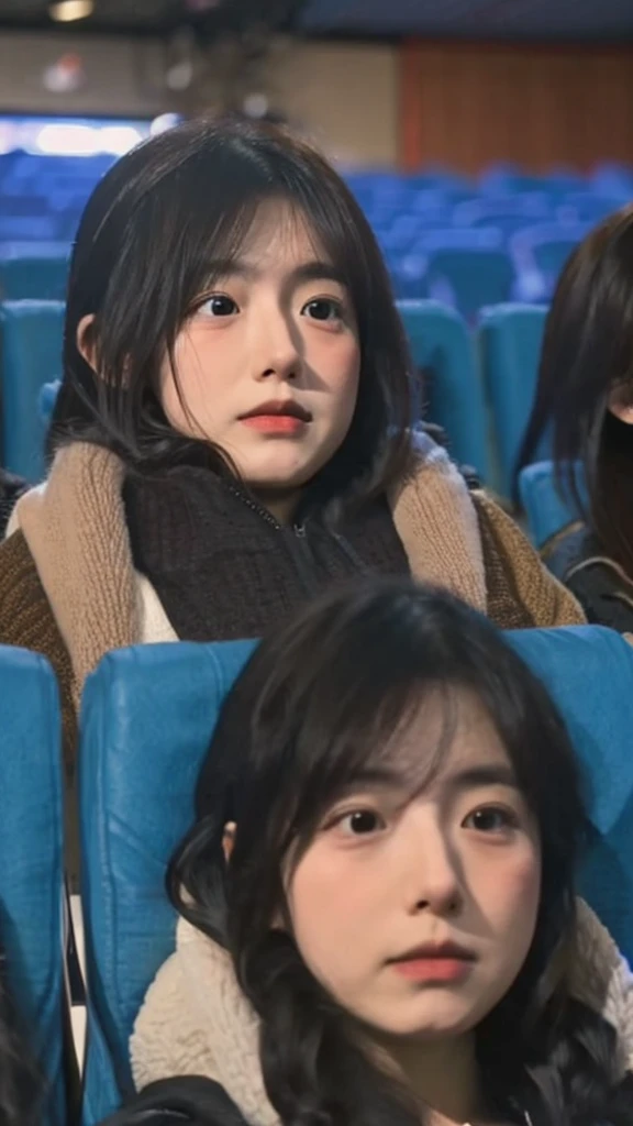 A Japanese girl in her 20s is watching a movie in a dimly lit movie theater, her face illuminated by the light of the screen, shedding tears