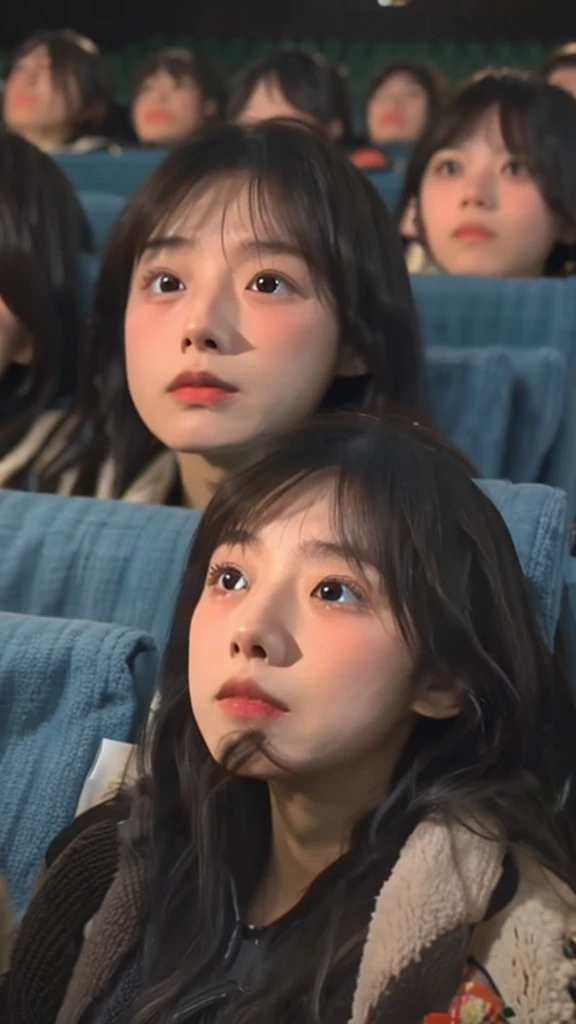 A Japanese girl in her 20s is watching a movie in a dimly lit movie theater, her face illuminated by the light of the screen, shedding tears