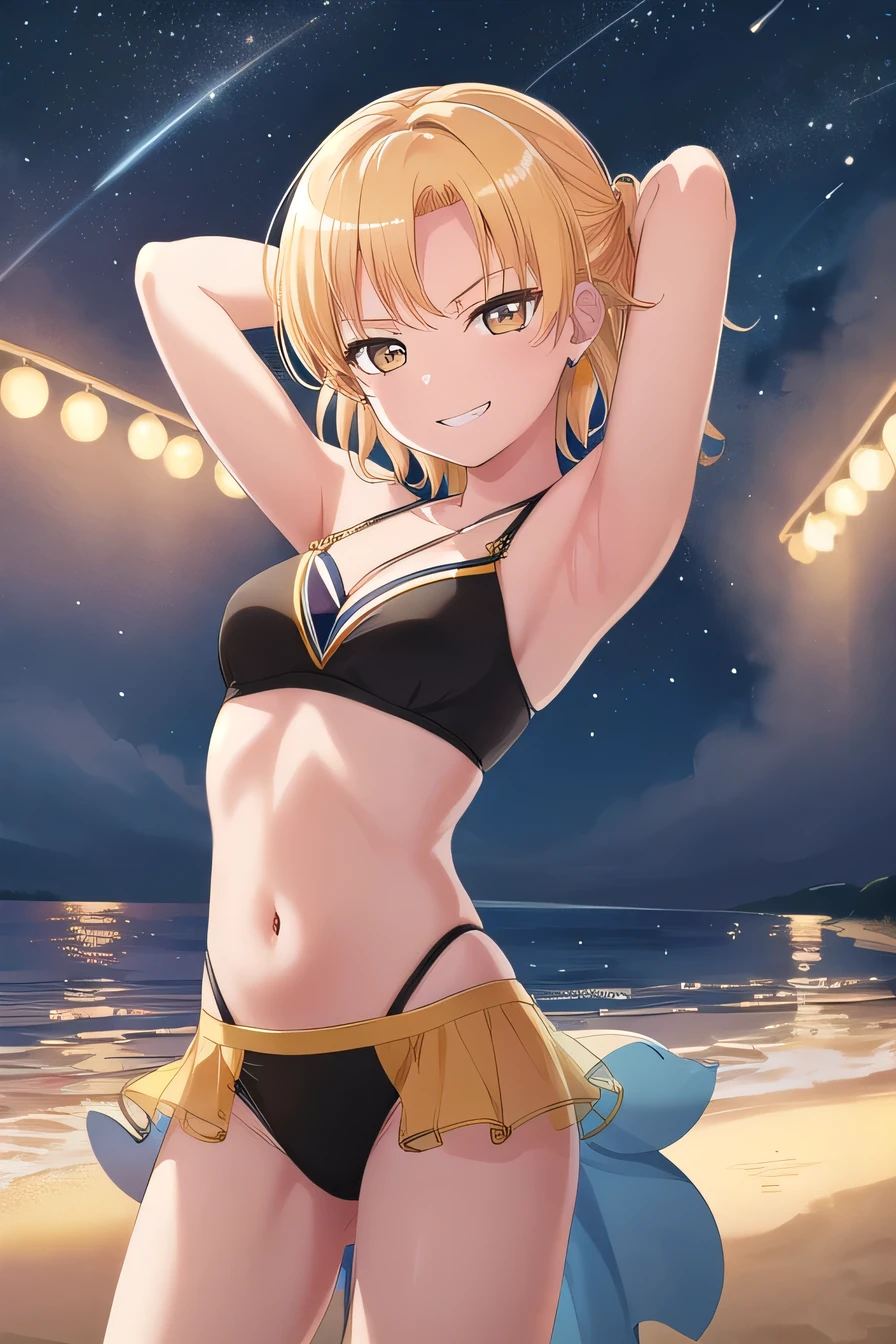MASKING, 1girl, solo, looking at viewer, smile, short hair, blonde hair, brown eyes, yellow eyes, black bikini, high quality, solo, night sky, beach, arms behind head, contrapposto, closed mouth, spread armpits, (cowboy shot:1.5), looking at viewer, grin, best quality,