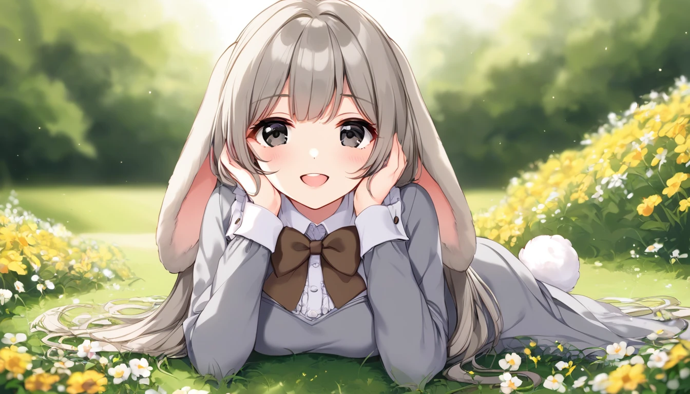 (8k, masterpiece, best quality, ultra-detailed, an extremely delicate and beautiful, official style, depth of field, highly detailed, very aesthetic, intricate, overall detail, perfect anatomy), looking at viewer, front view, outdoors, on grass, flower, on stomach, BREAK 1girl, solo, gray hair, long hair, black eyes, hands on own cheek, smile, happy, faint lips, open mouth, rabbit girl, (floppy ears, droppy ears, lop ears, fluffy:1.2), rabbit tail, (gray dress, brown bowtie, frill, long sleeves:1.2)