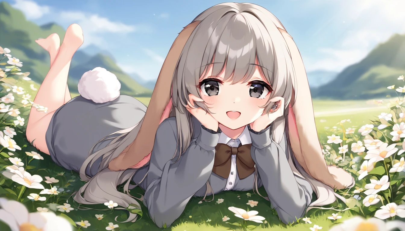 (8k, masterpiece, best quality, ultra-detailed, an extremely delicate and beautiful, official style, depth of field, highly detailed, very aesthetic, intricate, overall detail, perfect anatomy), looking at viewer, front view, outdoors, on grass, flower, on stomach, BREAK 1girl, solo, gray hair, long hair, black eyes, hands on own cheek, smile, happy, faint lips, open mouth, rabbit girl, (floppy ears, droppy ears, lop ears, fluffy:1.2), rabbit tail, (gray dress, brown bowtie, frill, long sleeves:1.2)