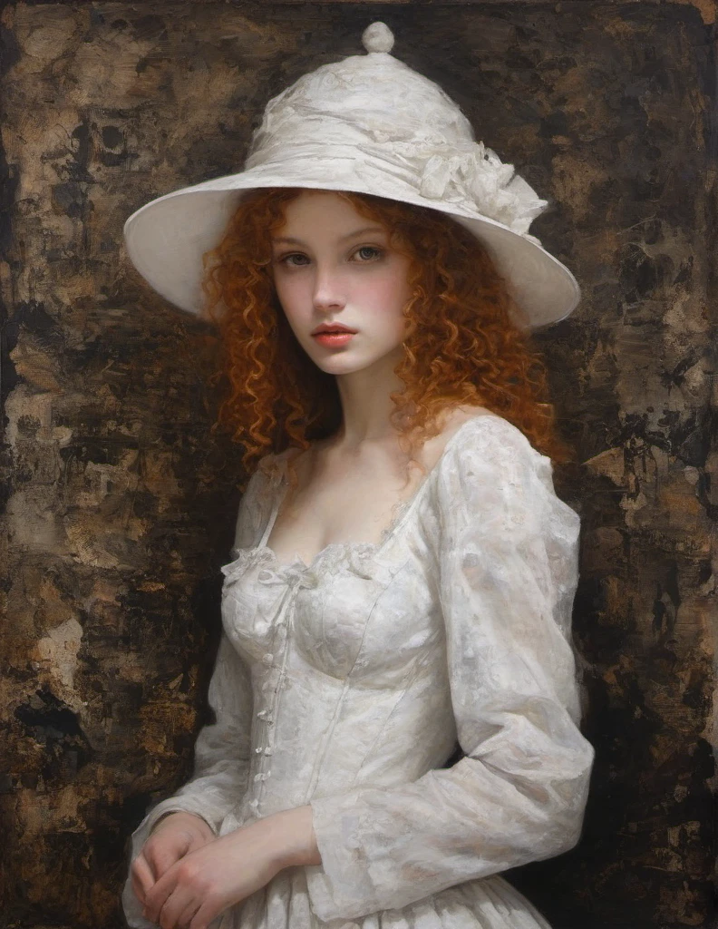 James Gurney, Surrealist art , dream-like, Mysterious, Provocative, symbolic, Complex, detailed,, (Gothic but very beautiful:1.4), (masterpiece, highest quality:1.4) , Nicola Samori Style, young girl with short curly ginger hair, white dress, white hat