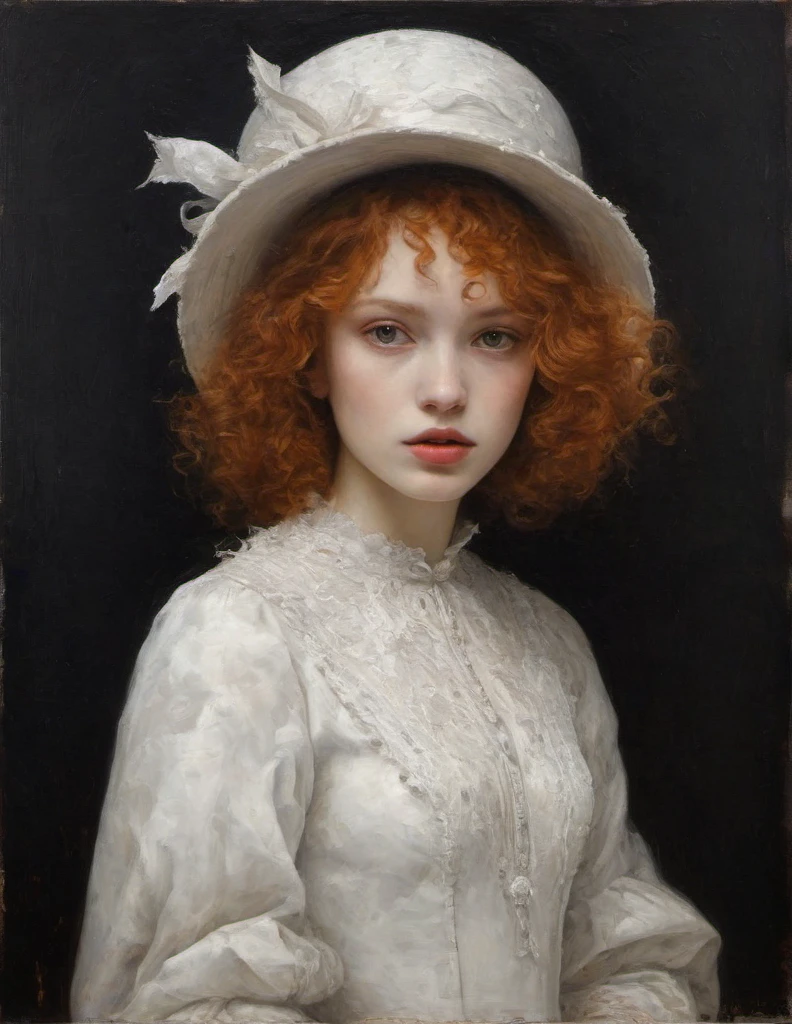 James Gurney, Surrealist art , dream-like, Mysterious, Provocative, symbolic, Complex, detailed,, (Gothic but very beautiful:1.4), (masterpiece, highest quality:1.4) , Nicola Samori Style, young girl with short curly ginger hair, white dress, white hat