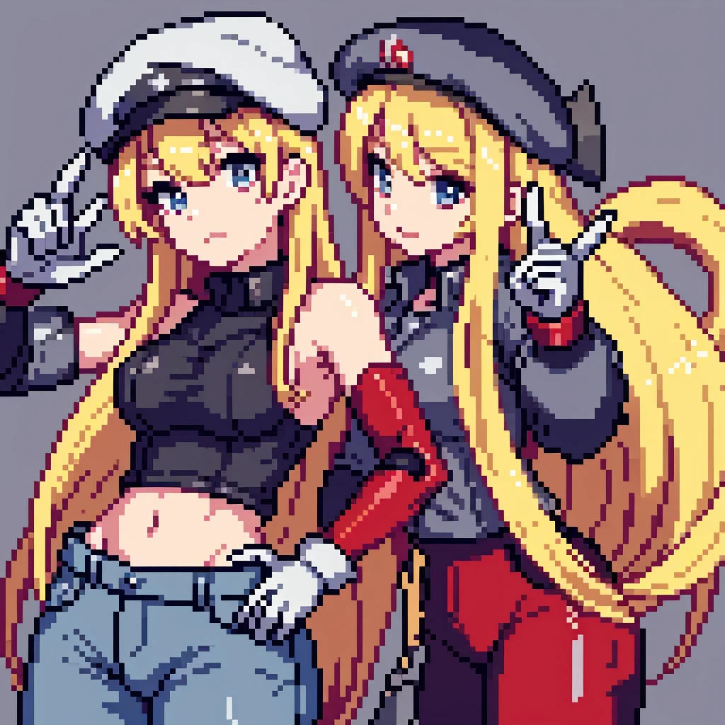Anime girl, long blonde hair, blue eyes, gray beret, red t-shirt white robotic gloves implants, large pants, pointing foward, grassland on background