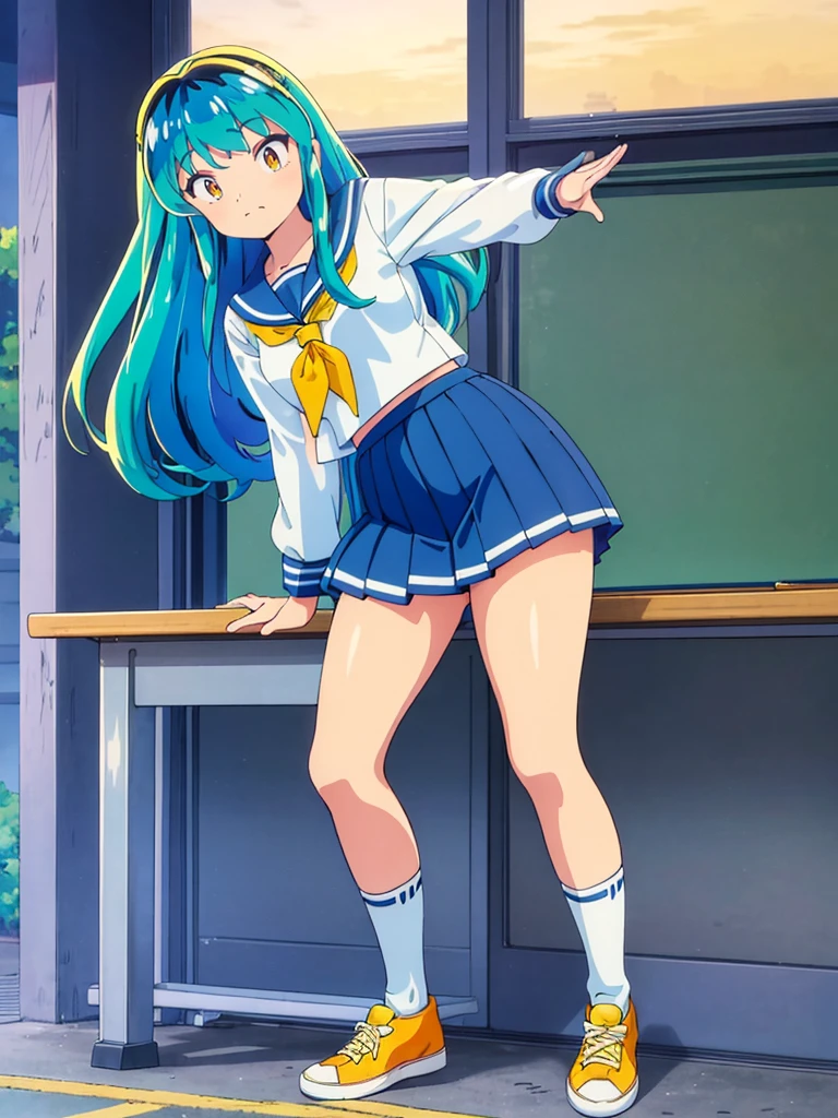 masterpiece, Highest quality, 1 Girl, Lum, Sailor suit, Summer clothes, Navy Blue Skirt, uniform, anime, Charm, 18-year-old, sexy, Stand with your feet apart, Japan, High definition, From before, classroom, Green Hair, Cowboy Shot, smile, Yellow neckerchief, 1980年代animeスタイル, White socks, Orange sneakers