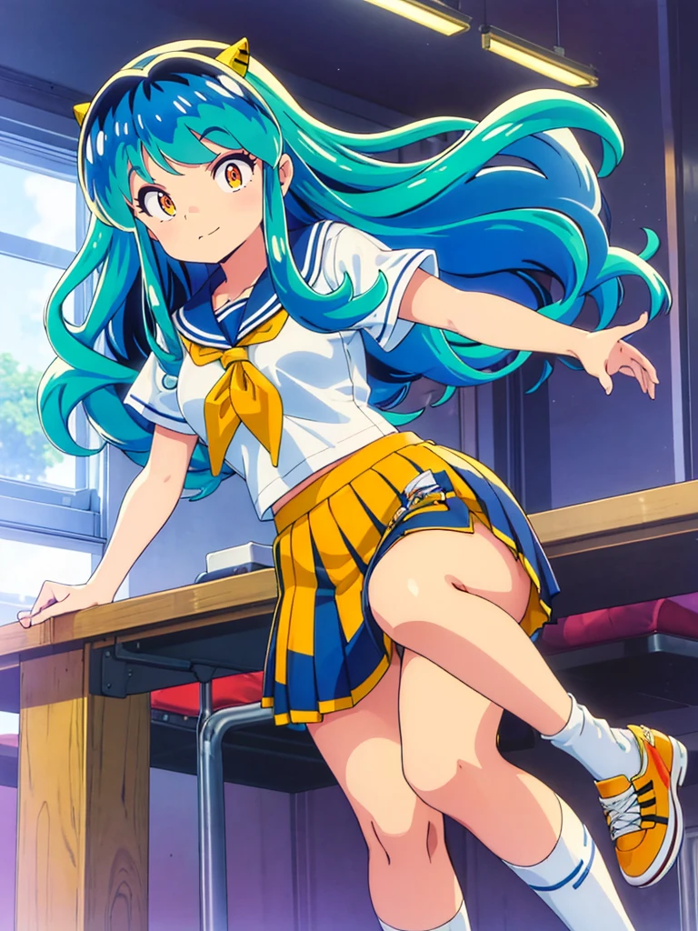 masterpiece, Highest quality, 1 Girl, Lum, Sailor suit, Summer clothes, Navy Blue Skirt, uniform, anime, Charm, 18-year-old, sexy, Stand with your feet apart, Japan, High definition, From before, classroom, Green Hair, Cowboy Shot, smile, Yellow neckerchief, 1980年代animeスタイル, White socks, Orange sneakers