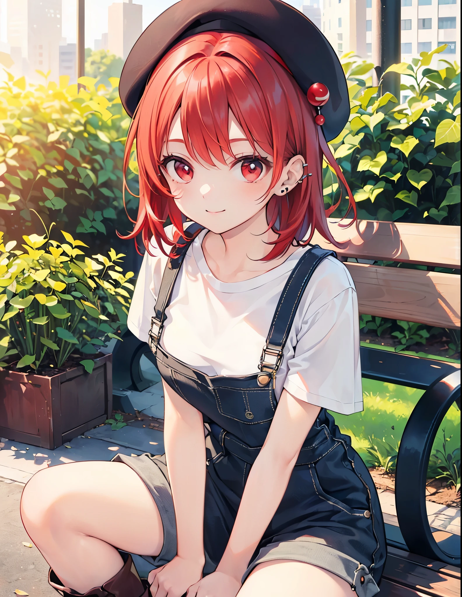 (Close-up:1.3),Realistic,Highest quality, Ultra Detail, High-quality CG rendering, The most delicate and beautiful, Floating softly, High resolution, (1 girl), (Highest quality,4K,8K,masterpiece:1.2),(All red hair:1.5), (Medium Hair:1.5),(Red eyes:1.5),(Slightly larger breasts:1.2), (Beige overalls:1.3),(Pure white inner T-shirt:1.3),(Black boots:1.3)、(Brown Beret:1.3)、Piercing in left ear,In the city,old buildings,(whole body:1.3),(smile),(Sitting on a bench:1.3)