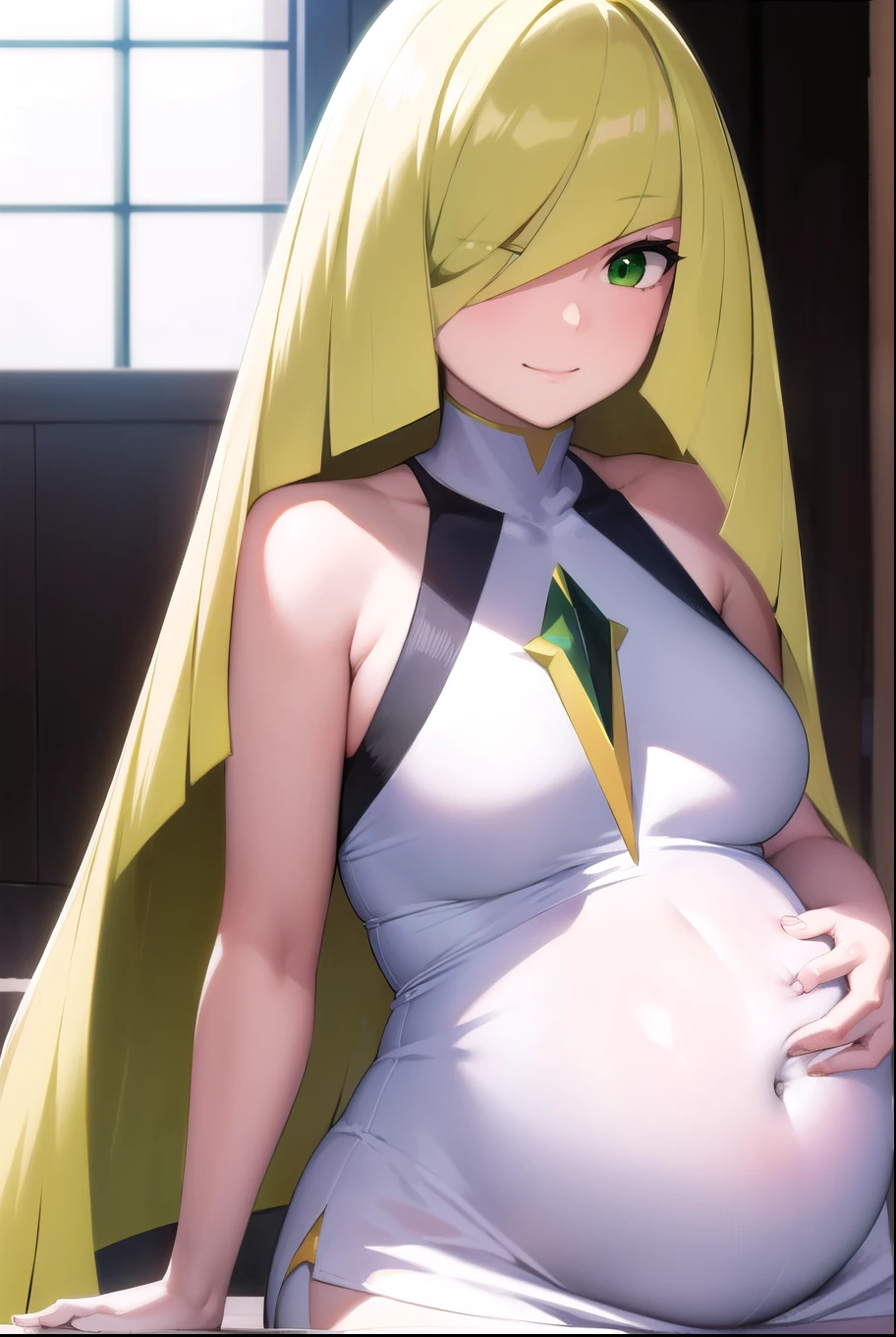 pokemonlusamine, pokemonlusamine, blonde hair, (green eyes:1.5), hair over one eye, long hair, multicolored hair, streaked hair, very long hair, smile,
BREAK bare arms, diamond (shape), dress, gem, green gemstone, leggings, short dress, sleeveless, sleeveless dress, white dress, white leggings,
BREAK looking at viewer, upper body, full body,
BREAK indoors,
BREAK (masterpiece:1.2), best quality, high resolution, unity 8k wallpaper, (illustration:0.8), (beautiful detailed eyes:1.6), extremely detailed face, perfect lighting, extremely detailed CG, (perfect hands, perfect anatomy), pregnant, pregnant belly, pregnancy, smile. 