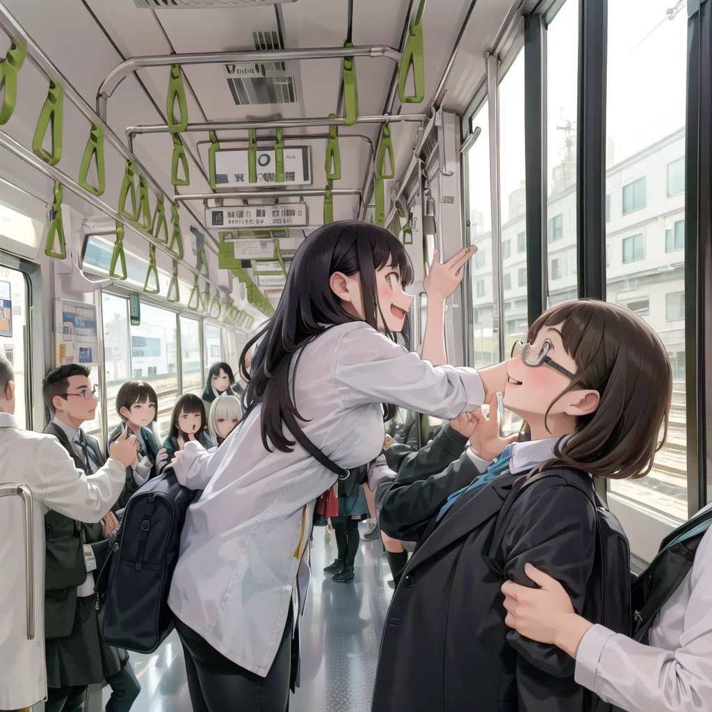 Highest quality, Very detailed, shape,
Multiple Girls, Small breasts , Black Hair, Glasses, school bag, smile, Laughter, View your audience, Crowded train、たくさんのFemale student、1male、A male stands behind a womale、A male is touching a womale's ass、
e235, Inside the train, scenery, Sheet, window, screen, Realistic, photograph background, photograph (Moderate), photographRealistic, close、maleたちに囲まれて1Female student