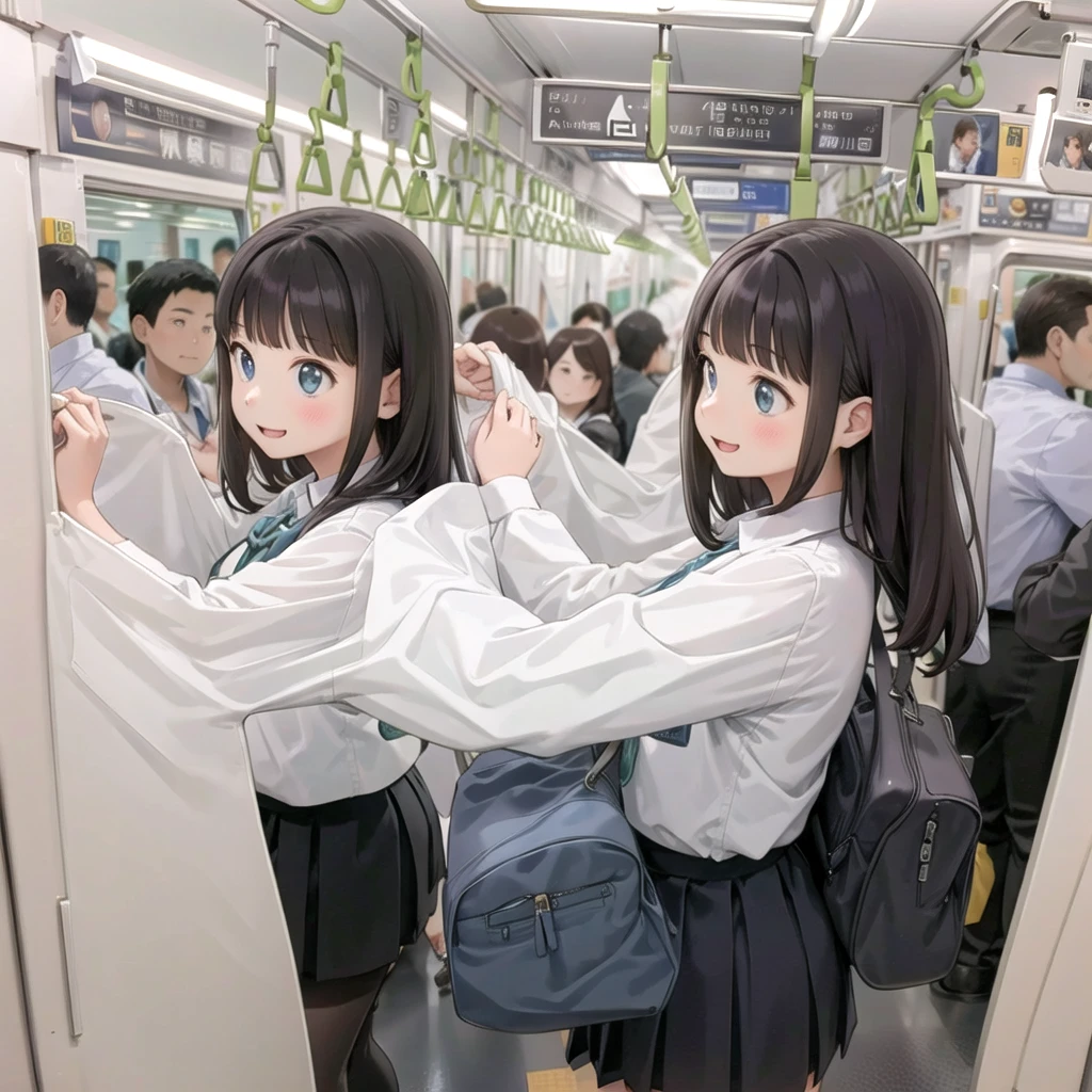 Highest quality, Super detailed, figure,
Multiple Girls, Small breasts , Black Hair, Glasses, school bag, smile, Laughter, View your viewers, crowded train、Lots of schoolgirls、1man、A man stands behind a woman、A man is touching a woman's ass、
e235, Inside the train, scenery, Sheet, window, screen, Realistic, photograph background, photograph (Moderate), photographRealistic, close、1A man surrounded by female students
