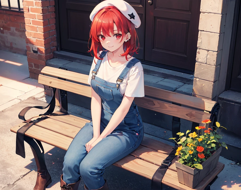 (Close-up:1.3),Realistic,Highest quality, Ultra Detail, High-quality CG rendering, The most delicate and beautiful, Floating softly, High resolution, (1 girl), (Highest quality,4K,8K,masterpiece:1.2),(All red hair:1.5), (Medium Hair:1.5),(Red eyes:1.5),(Slightly larger breasts:1.2), (Beige overalls:1.3),(Pure white inner T-shirt:1.3),(Black boots:1.3)、(Brown Beret:1.3)、Piercing in left ear,In the city,old buildings,(whole body:1.3),(smile),(Sitting on a bench:1.3)