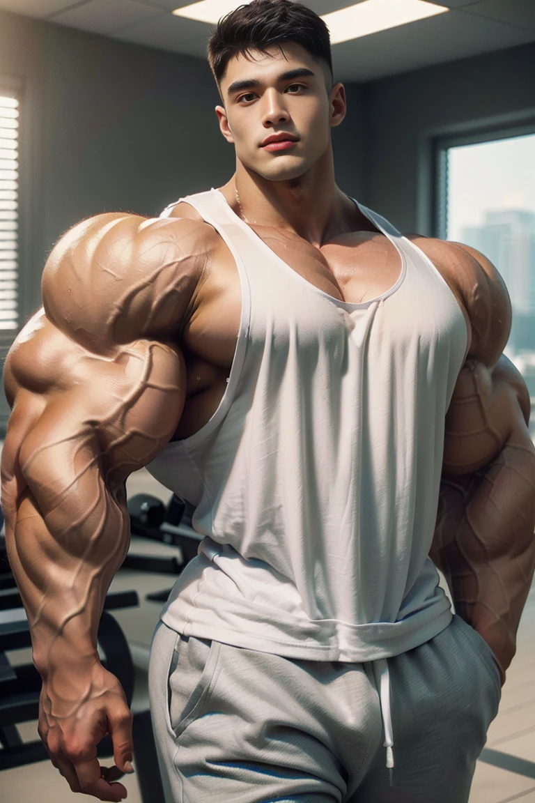 1 man, handsome young muscular man, (brutalmass:1.55), (Asian: 1.7), model, detailed perfect face, (crew cut hair: 1.11), (extremely wide and broad shoulders, muscular, giant muscles, aesthetic bodybuilder: 1.331), (white tank top, sweatpants: 1.555), realistic skin, (ultra realistic, detailed, high quality, 8k image quality, finely detailed, masterpiece, best quality: 1.2), looking at camera