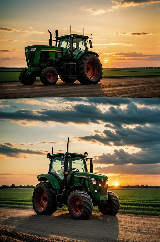 Tractor Jhon Deere, full color, sunset 