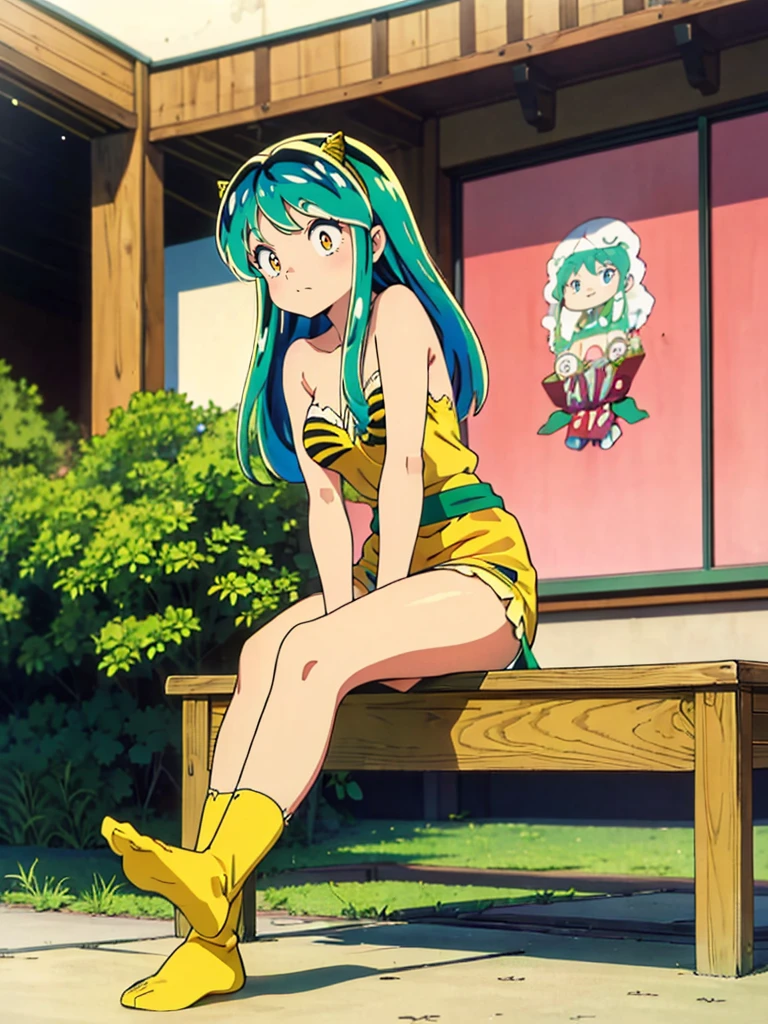 (masterpiece、Highest quality)、1 Girl、Lum, Yellow dress, mini skirt、 I can see her panties、 Embarrassing、blush、 Sunflower field、Stand with your feet apart、 From below、 Gaze Here、 Flipping up a skirt、 from the front、High definition