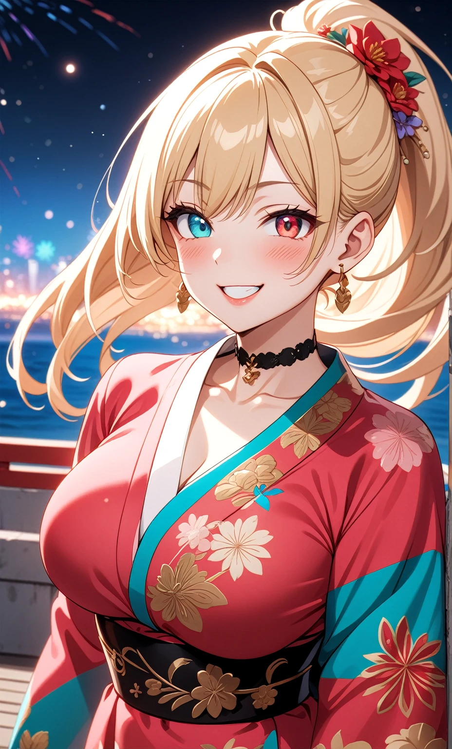 ((One personの女性)), Beautiful Face, ((smirk)),((Wink:1.95)), head tilt, Laugh with your mouth wide open,((Bright red cheeks:1.4)),Shiny red lips,night,rooftop,You can see the ocean, firework,Laughing with your mouth open,Glossy pink lips,Facial lighting,((Anime style background)),masterpiece, Highest quality, so beautiful,up to date, Complex details, (Pink long nails),(ring),(bracelet),(choker),AI-generated, Complex,High resolution, Highest quality, super high quality,3D Images、3D Images,One person,Long blonde hair,High Ponytail,(turquoise blue eyes),Anime woman posing for a photo, ((Fine grain、Colorful eyes、Shining Eyes:1.3)),(Squint your eyes:1.1),a hyperRealistic , hyperRealistic , Realistic,Anime woman with long white hair, Smooth anime CG art, A woman in a colorful kimono with gold embroidery, (Pink long sleeve kimono),Red floral pattern,Long flower hair ornament,Earrings,Mature Body,(Big Breasts:1.1),Tall,Abdominal muscles,Tight waist,(Zoom up to face:1.6),(dutch angle),