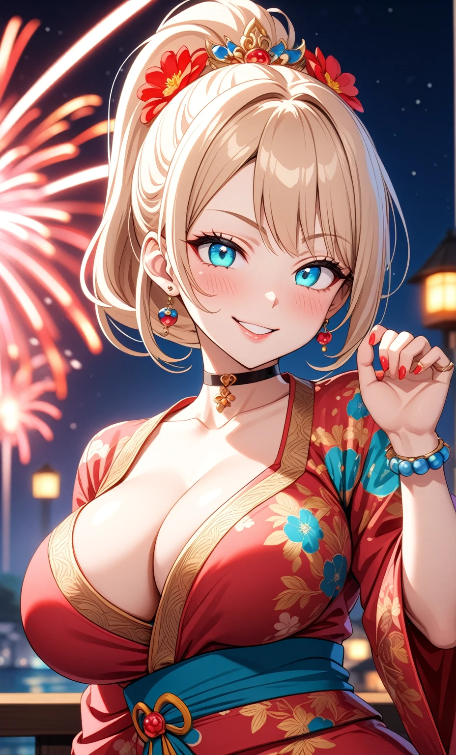 ((One personの女性)), Beautiful Face, ((smirk)),((Wink:1.95)), head tilt, Laugh with your mouth wide open,((Bright red cheeks:1.4)),Shiny red lips,night,rooftop,You can see the ocean, firework,Laughing with your mouth open,Glossy pink lips,Facial lighting,((Anime style background)),masterpiece, Highest quality, so beautiful,up to date, Complex details, (Pink long nails),(ring),(bracelet),(choker),AI-generated, Complex,High resolution, Highest quality, super high quality,3D Images、3D Images,One person,Long blonde hair,High Ponytail,(turquoise blue eyes),Anime woman posing for a photo, ((Fine grain、Colorful eyes、Shining Eyes:1.3)),(Squint your eyes:1.1),a hyperRealistic , hyperRealistic , Realistic,Anime woman with long white hair, Smooth anime CG art, A woman in a colorful kimono with gold embroidery, (Pink long sleeve kimono),Red floral pattern,Long flower hair ornament,Earrings,Mature Body,(Big Breasts:1.1),Tall,Abdominal muscles,Tight waist,(Zoom up to face:1.6),(dutch angle),