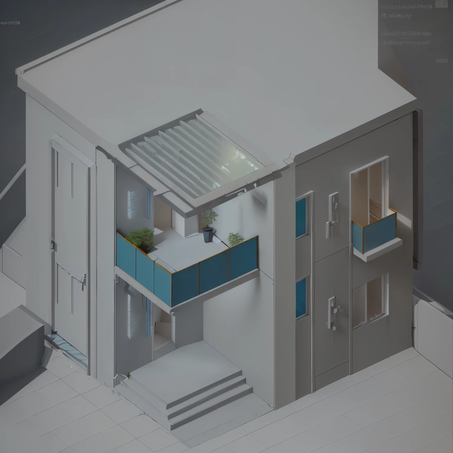 a close up of a building with a door and a window, isometric view from behind, accurate isometric viewpoint, isometric 3d render, isometric house, 3 d render in octane, isometric perspective, very detailed isometric, isometric style, isometric perspective view, isometric viewpoint, not isometric, isometric staircase, isometric design