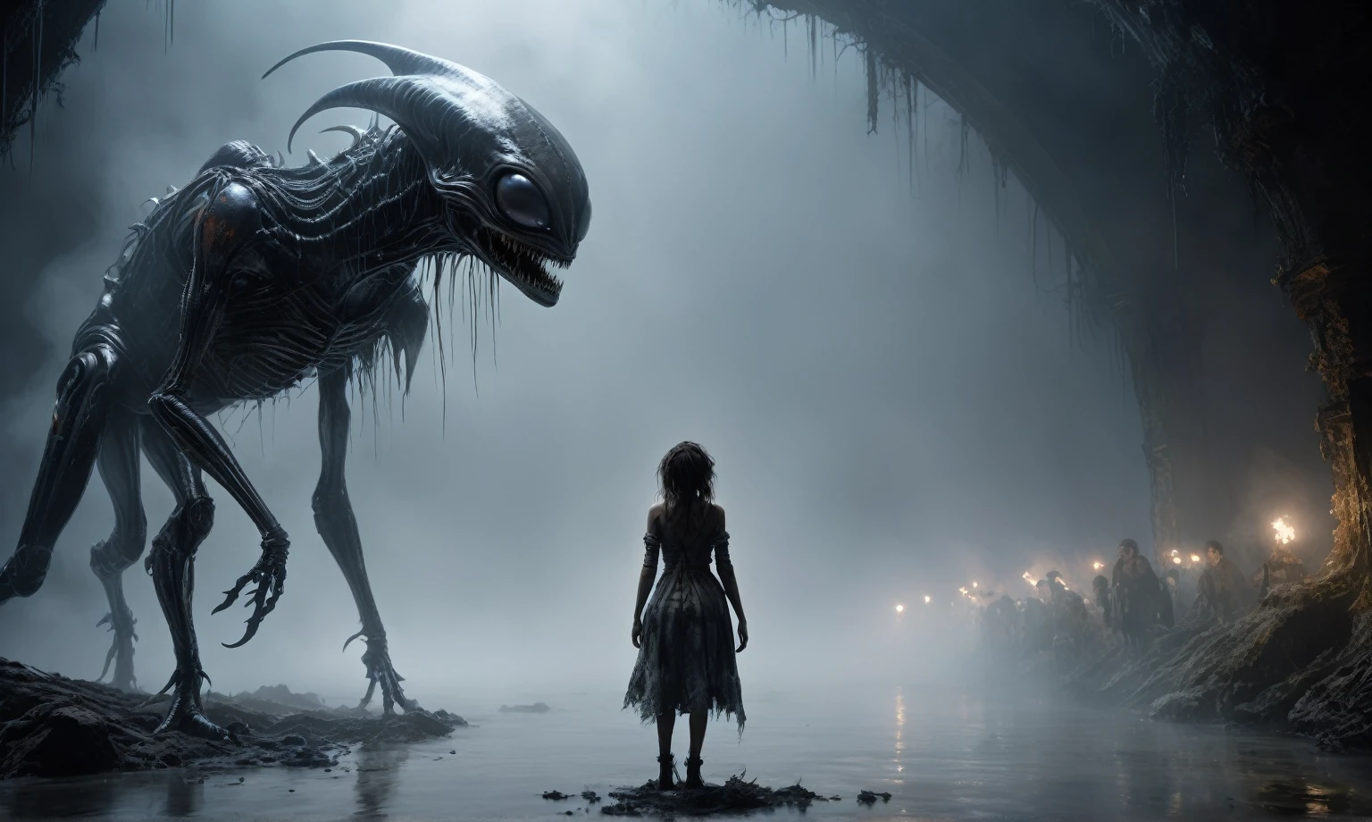 a woman standing next to an alien creature, a surrealist painting by Richard Mortensen, cgsociety, fantasy art, reimagined by industrial light and magic, lovecraftian, movie still