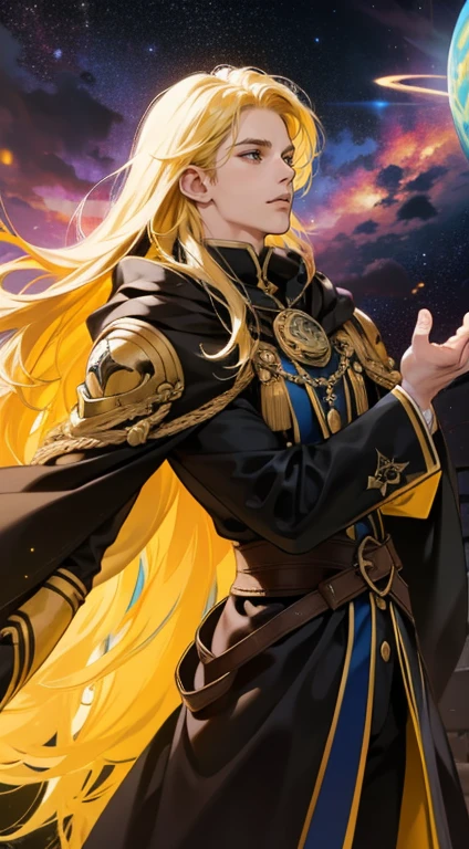 one  men, magician, long yellow hair, black fantasy, detailed yellow and black cosmic cloak, cosmic team