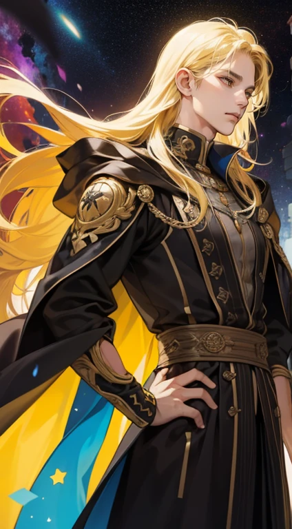 one  men, magician, long yellow hair, black fantasy, detailed yellow and black cosmic cloak, cosmic team