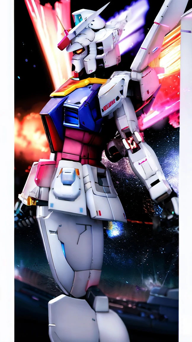 Real、high resolution、8K、The Strike Freedom Gundam stands in space emitting pink light particles.、Particles of light are emitted in all directions from the entire aircraft.、