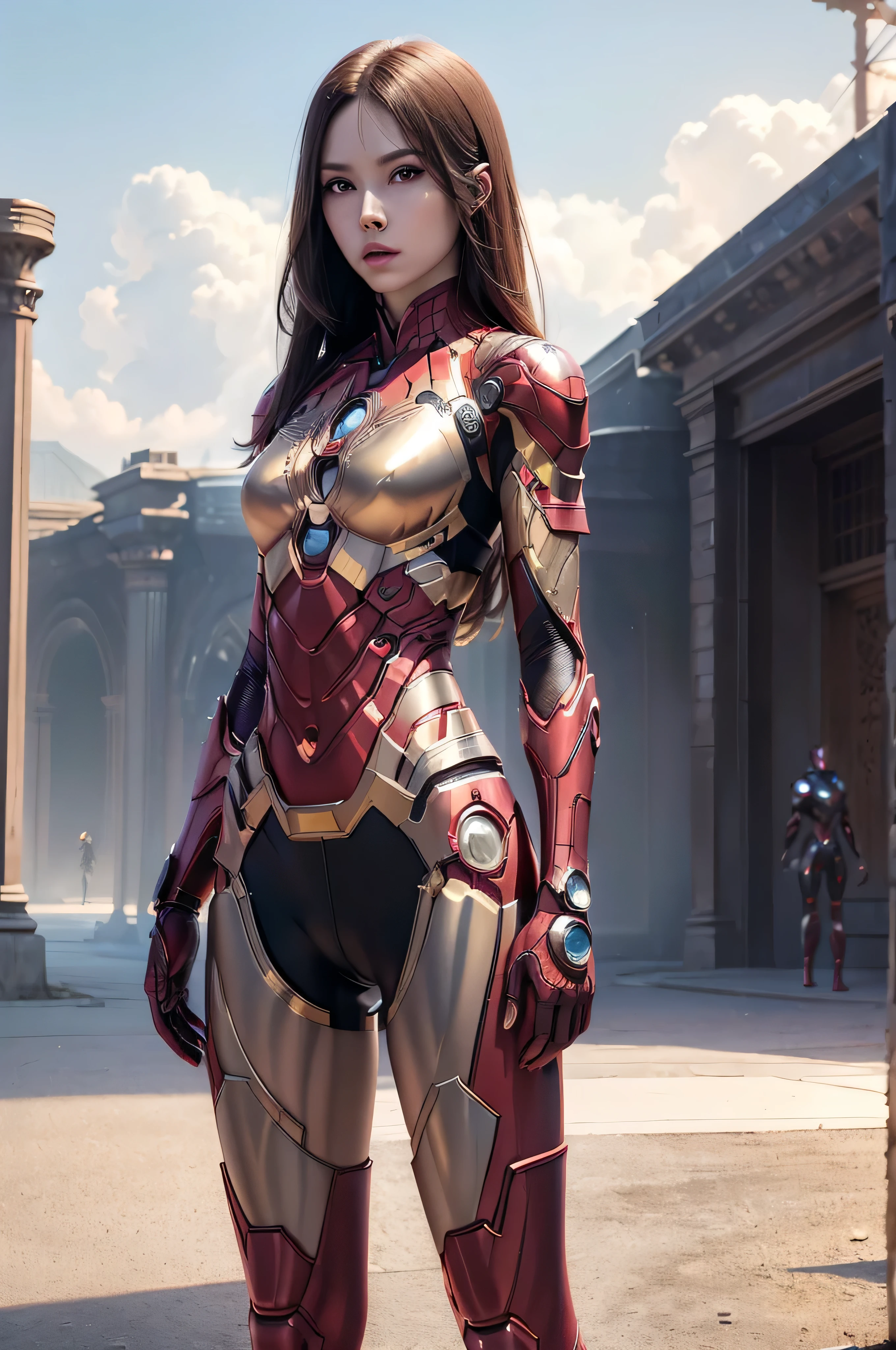 ((masterpiece, 8K, 3D, Realistic, Super Detail)), (1girl:1.3), slender 16 age, Ultra Micro photography, Karen Gillan Super realistic, Perfect face, 16K resolution, 4k resolution, The photo was taken from the Front, facing to the photographer, Foreground photo, dynamic lighting, posing on a pedestal, high-definition resolution, Beautiful features, ((Perfect female Model Slim body)) Beautiful features, Standing pose, ((small hip)), (((2 piece Iron man Hotpants-Bikini))), Sci-fi futuristic, ((Iron man armor)) ((bionic Fragmented Spider man chest armor suit)), ((Exposed slim thighs)), wear mesh metal-stockings, ((slim thighs)), ((bionic Slim thighs Spider man armor)), Front Full body Shot, full body portrait, perfect legs, Iron Man shoes, futuristic city background