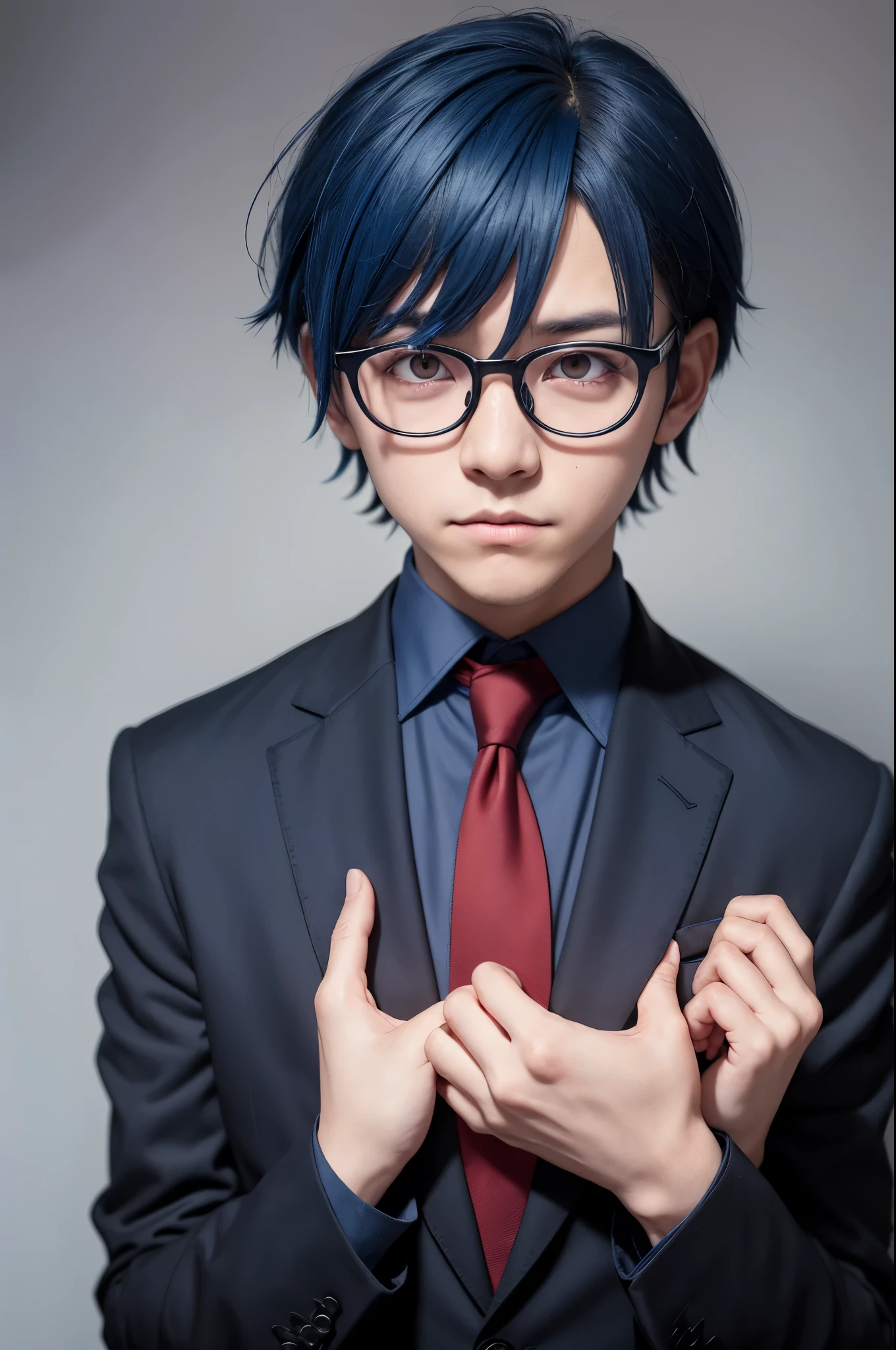 A boy with, Average height, goat horns, medium sized blue hair with 3-part bangs, Eyes red, round glasses, wearing a black suit and red tie, and on his face and body he would have the same markings as Ryomen Sukuna from Jujutsu Kaisen, because he ate a finger of it so it became his receptacle