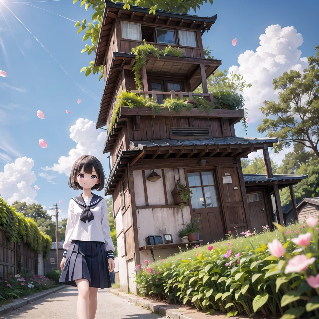 (masterpiece),  town,  blue sky,  One Girl,  smile,  alone,  Sailor suit、Long skirt,  Overgrown,  petal,  plant、Skirt lining、Translucent slip、Nostalgic