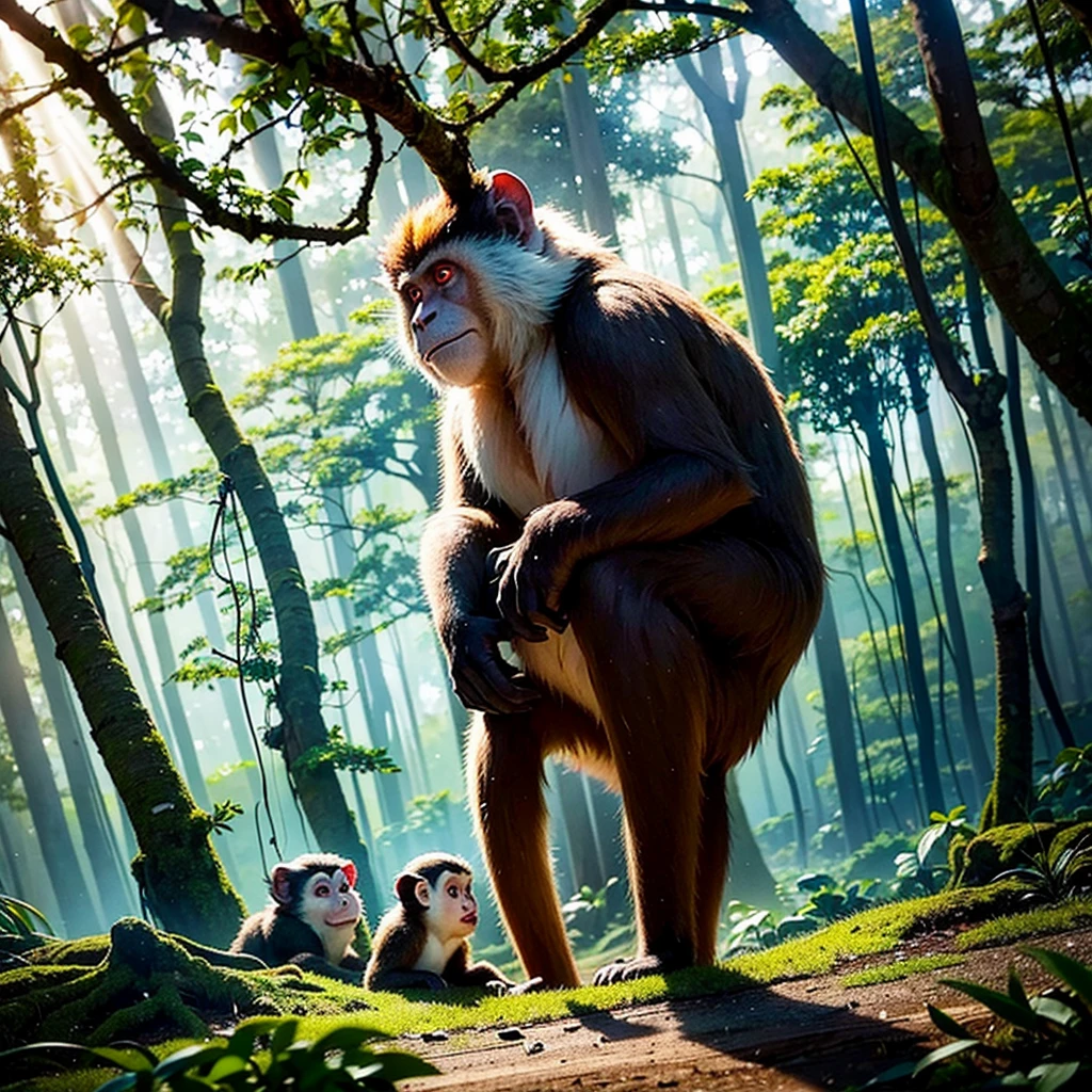 In a dense tropical forest, a lush scenery reveals itself under the light filtered by the treetops. Twisted branches form a verdant tangle where monkeys of different species and coats hang skillfully. Their serious looks and varied expressions denote curiosity mixed with distrust., carefully watching every movement around.
The environment resonates with the sounds of vegetation being disturbed and occasionally interrupted by high-pitched screeches that echo through the forest.. Golden sunbeams create patterns on the ground covered in dry leaves and exposed roots. Entwined vines and lichens adorn centuries-old trunks, adding a mystical atmosphere to the scene.
Each monkey seems busy with its own activities, from searching for food to playing among the branches. Despite their serious poses, its constant vigilance reveals a perfect adaptation to the natural environment. They are the guardians of a wild and intriguing world, where nature reigns supreme and every detail contributes to the complexity and beauty of this vibrant ecosystem.