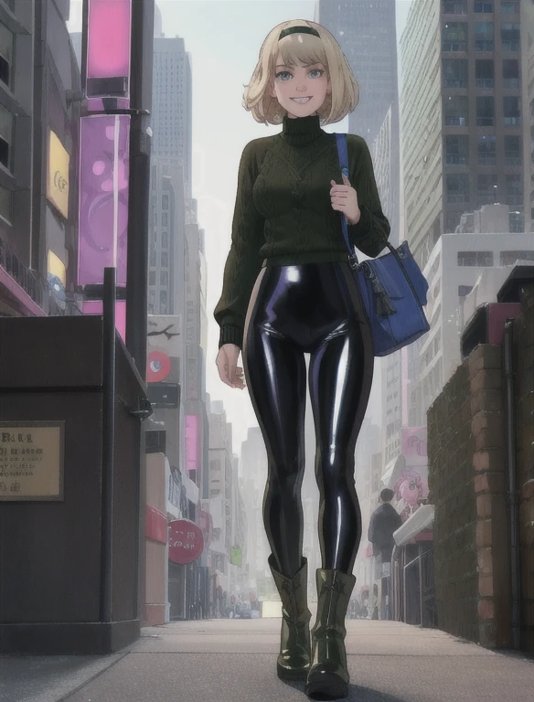 1girl, solo, (Gwen Stacy:1.1), platinum blonde hair, bright blue eyes, ((Wearing: Black headband, olive green sweater, shiny black leggings, Ugg Boots)),holding a handbag, looking at viewer with a relaxed and mellow smile, walking outside on New York streets, crowds of people on the surroundings, full body, busy atmosphere, cinematic lighting, detailed background,
