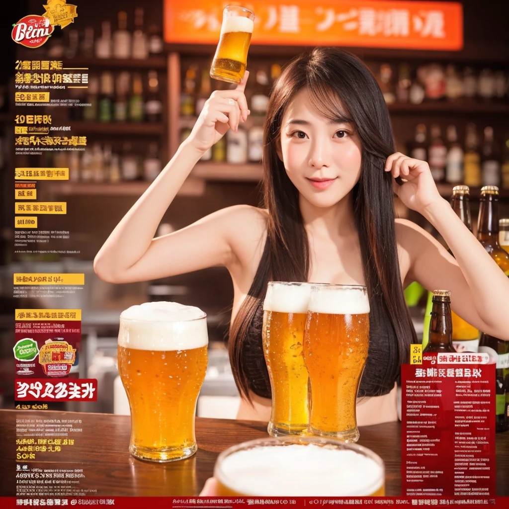 Beer promotion flyer, 1 asian girl holding 2 glasses of beer