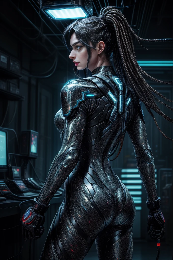Rear view of a striking Anne Hathaway in an imposing futuristic post-apocalyptic cyberpunk environment full of technological details. The woman has rich, deep skin, with tones that glow under the scene's neon lighting. Her hair is a bold combination of dreadlocks and braids, decorated with metallic threads and small LEDs that blink softly, reflecting the colorful lights in the room. His face is sculpted with strong, elegant features, highlighting piercing eyes that glow with a cybernetic blue intensity. She wears metallic makeup, with silver shadows and lips painted an intense purple, adding a touch of mystery and power. His athletic body is encased in a futuristic combat suit made from synthetic and metallic materials. The look is a combination of black, silver and neon blue, with details that suggest high technology, such as embedded circuits and light panels. Plates of armor protect his shoulders, arms, and legs, while cables and wires connect to devices on his body, indicating a perfect fusion between human and machine. giving it a vivid and dynamic, hyper-realistic cinematic look.