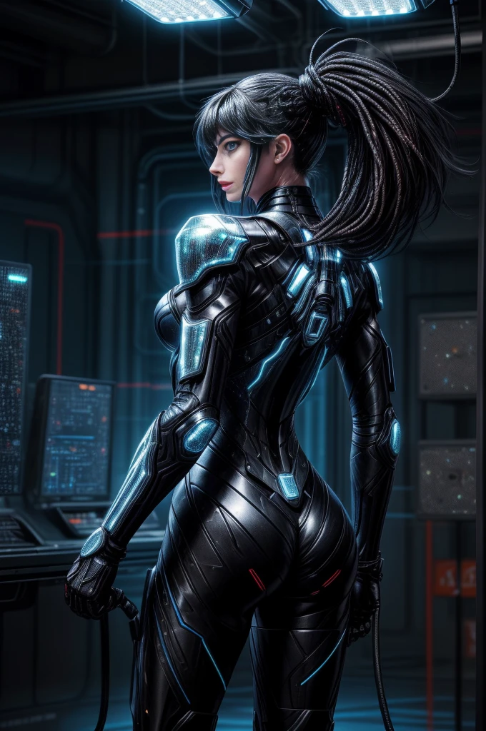 Rear view of a striking Anne Hathaway in an imposing futuristic post-apocalyptic cyberpunk environment full of technological details. The woman has rich, deep skin, with tones that glow under the scene's neon lighting. Her hair is a bold combination of dreadlocks and braids, decorated with metallic threads and small LEDs that blink softly, reflecting the colorful lights in the room. His face is sculpted with strong, elegant features, highlighting piercing eyes that glow with a cybernetic blue intensity. She wears metallic makeup, with silver shadows and lips painted an intense purple, adding a touch of mystery and power. His athletic body is encased in a futuristic combat suit made from synthetic and metallic materials. The look is a combination of black, silver and neon blue, with details that suggest high technology, such as embedded circuits and light panels. Plates of armor protect his shoulders, arms, and legs, while cables and wires connect to devices on his body, indicating a perfect fusion between human and machine. giving it a vivid and dynamic, hyper-realistic cinematic look.