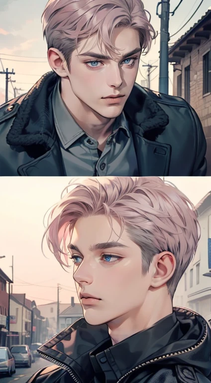 masterpiece, best quality, realistic, 1man, mature male, quiet and charming young man, 35 years old, close his eyes, serious, closed mouth, extremely detailed face, cold, ((dark grey blue eyes)), ((short-right-swept dark grey pink hair)), [thick eyebrows], ((hunter)), accurate, detailed, ((town))
