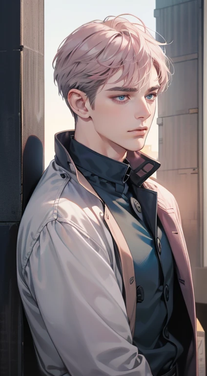 masterpiece, best quality, realistic, 1man, mature male, quiet and charming young man, 35 years old, close his eyes, serious, closed mouth, extremely detailed face, cold, ((dark grey blue eyes)), ((short-right-swept dark grey pink hair)), [thick eyebrows], ((hunter)), accurate, detailed, ((town))