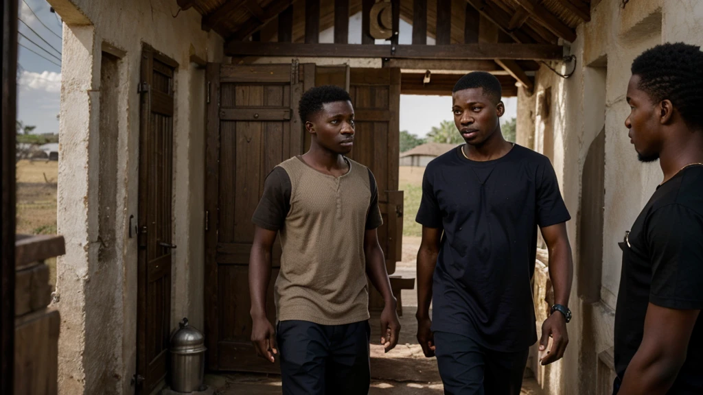 ultra realistic scene, 4K, African family with a 17-year-old young man entering a simple shepherd's house, with a welcoming atmosphere but visible concern.
Details: the pastor offering comfort, humble but safe environment.