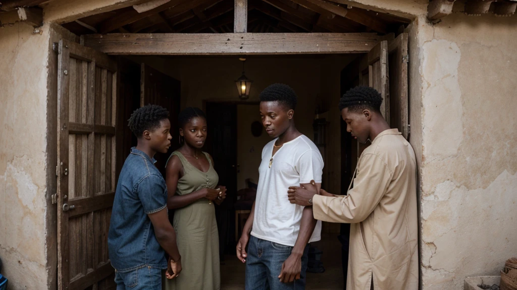 ultra realistic scene, 4K, African family with a -yeld yo man entering a simple shepherd's house, with a welcoming atmosphere but visible concern.
Details: the pastor offering comfort, humble but safe environment.