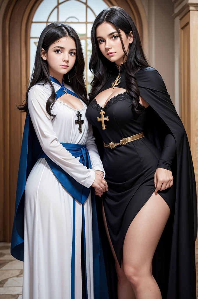 mother and daughter portrait, break: daughter ager(1.3), 13 yry small breats, black hair , blue eyes, detailed face, angelical face, dress with cape, desing with christian cross, cleavage ,soft lesbian, break: mature mother, middle-age, long black hair, blue eyes, detailed face, beautiful face,cleavage, curvys, tall, chubby, dress with cape, desing with christian cross break: background in cold castle