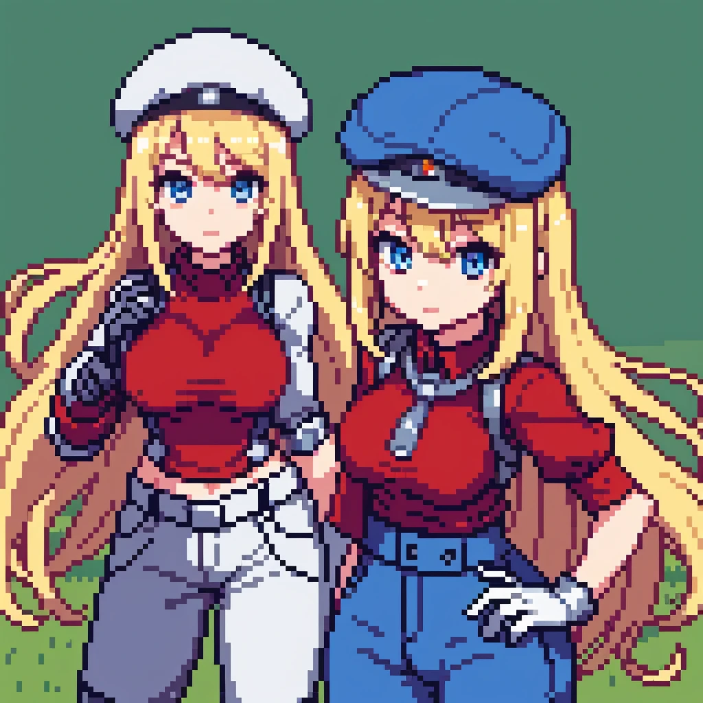 Anime girl, long blonde hair, blue eyes, gray beret, red t-shirt white robotic gloves implants, large pants, pointing foward, grassland on background