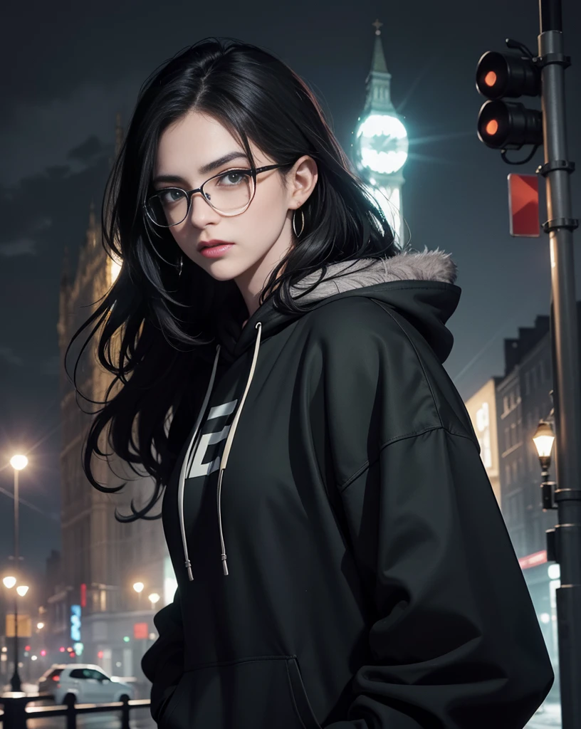 Best quality, volumetric lighting, cinematic lighting, masterpiece, ultra high res, 4k, (soft round detailed face), (sad expression), (detailed green eyes), bags under eyes, thick eyebrows, depressed, melancholy, (wearing rounded glasses), (very pale light skin), detailed black hair, ((long messy greasy hair)), (plain black hoodie), black stud earrings, black nail varnish, unwashed, unkempt, disheveled, sodium streetlamps, midnight, dark clouds, London, snow