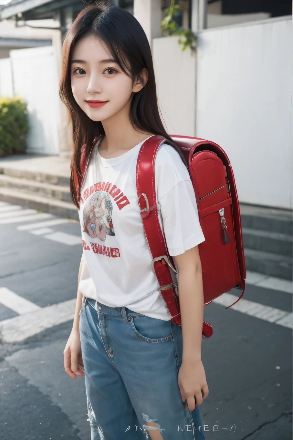 (masterpiece, best quality:1.0), a close up of a girl, with a backpack on a street, wearing strawberry backpack, with a backpack, portrait of a japanese teen, anime style mixed with fujifilm, young asian girl, backpack, young and cute girl, high quality portrait, satoshi kon artstyle, style anime, she is wearing streetwear,wearing glasses, smiling, ulzzang, korean girl, japanic style