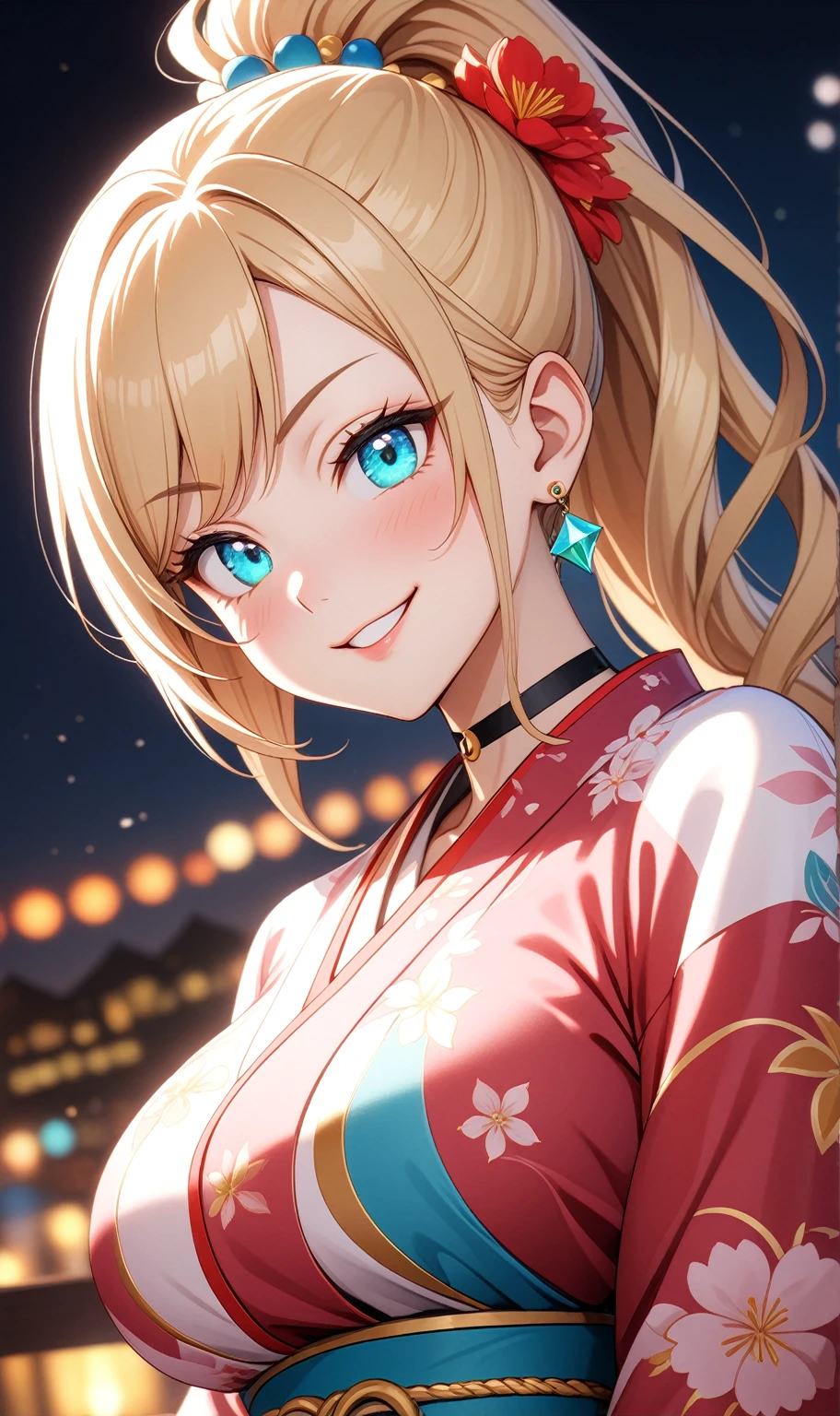 ((one personの女性)), Beautiful Face, ((smirk)),((wink:1.9)), head tilt, Laugh with your mouth wide open,((Bright red cheeks:1.4)),Shiny red lips,night,rooftop,You can see the ocean, firework,Laughing with your mouth open,Glossy pink lips,Facial lighting,((Anime style background)),masterpiece, Highest quality, so beautiful,up to date, complex details, (Pink long nails),(ring),(bracelet),(choker),AI-generated, complex,High resolution, Highest quality, super high quality,3D Images、3D Images,one person,Long blonde hair,High Ponytail,(turquoise blue eyes),Anime woman posing for a photo, ((Fine grain、Colorful eyes、Shining Eyes:1.3)),(Squint your eyes:1.1),a hyperRealistic , hyperRealistic , Realistic,Anime woman with long white hair, Smooth anime CG art, A woman in a colorful kimono with gold embroidery, (Pink long sleeve kimono),Red floral pattern,Long flower hair ornament,Earrings,Mature Body,(Big Breasts:1.1),Tall,Abdominal muscles,Tight waist,(Zoom up to face:1.6),(dutch angle),