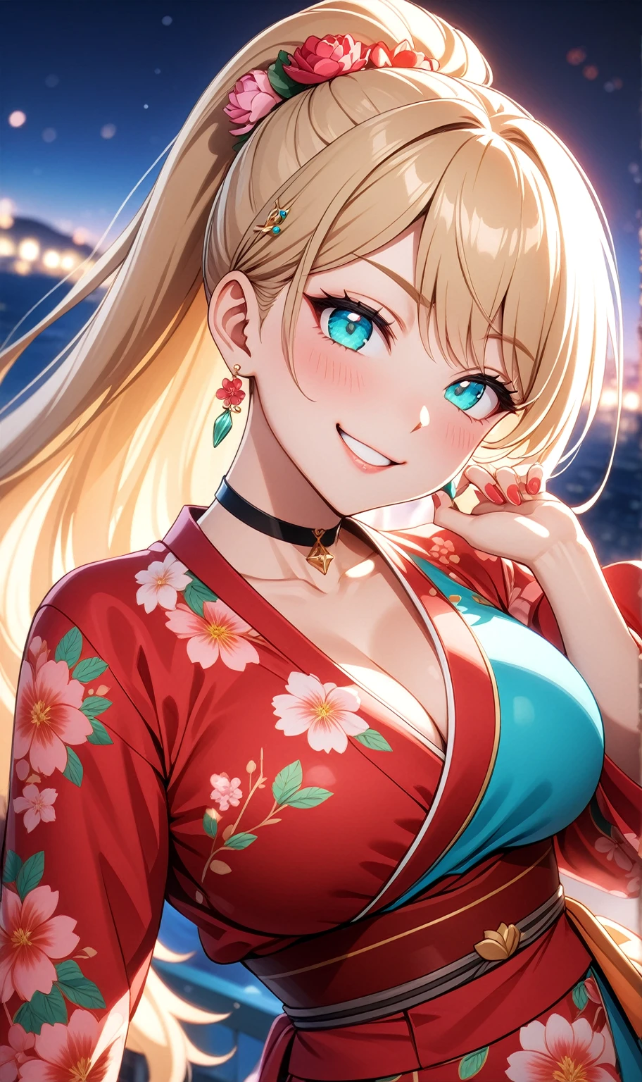 ((one personの女性)), Beautiful Face, ((smirk)),((wink:1.9)), head tilt, Laugh with your mouth wide open,((Bright red cheeks:1.4)),Shiny red lips,night,rooftop,You can see the ocean, firework,Laughing with your mouth open,Glossy pink lips,Facial lighting,((Anime style background)),masterpiece, Highest quality, so beautiful,up to date, complex details, (Pink long nails),(ring),(bracelet),(choker),AI-generated, complex,High resolution, Highest quality, super high quality,3D Images、3D Images,one person,Long blonde hair,High Ponytail,(turquoise blue eyes),Anime woman posing for a photo, ((Fine grain、Colorful eyes、Shining Eyes:1.3)),(Squint your eyes:1.1),a hyperRealistic , hyperRealistic , Realistic,Anime woman with long white hair, Smooth anime CG art, A woman in a colorful kimono with gold embroidery, (Pink long sleeve kimono),Red floral pattern,Long flower hair ornament,Earrings,Mature Body,(Big Breasts:1.1),Tall,Abdominal muscles,Tight waist,(Zoom up to face:1.6),(dutch angle),