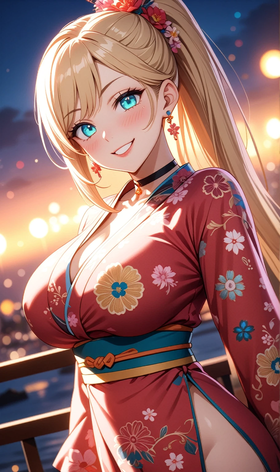 ((one personの女性)), Beautiful Face, ((smirk)),((wink:1.9)), head tilt, Laugh with your mouth wide open,((Bright red cheeks:1.4)),Shiny red lips,night,rooftop,You can see the ocean, firework,Laughing with your mouth open,Glossy pink lips,Facial lighting,((Anime style background)),masterpiece, Highest quality, so beautiful,up to date, complex details, (Pink long nails),(ring),(bracelet),(choker),AI-generated, complex,High resolution, Highest quality, super high quality,3D Images、3D Images,one person,Long blonde hair,High Ponytail,(turquoise blue eyes),Anime woman posing for a photo, ((Fine grain、Colorful eyes、Shining Eyes:1.3)),(Squint your eyes:1.1),a hyperRealistic , hyperRealistic , Realistic,Anime woman with long white hair, Smooth anime CG art, A woman in a colorful kimono with gold embroidery, (Pink long sleeve kimono),Red floral pattern,Long flower hair ornament,Earrings,Mature Body,(Big Breasts:1.1),Tall,Abdominal muscles,Tight waist,(Zoom up to face:1.6),(dutch angle),