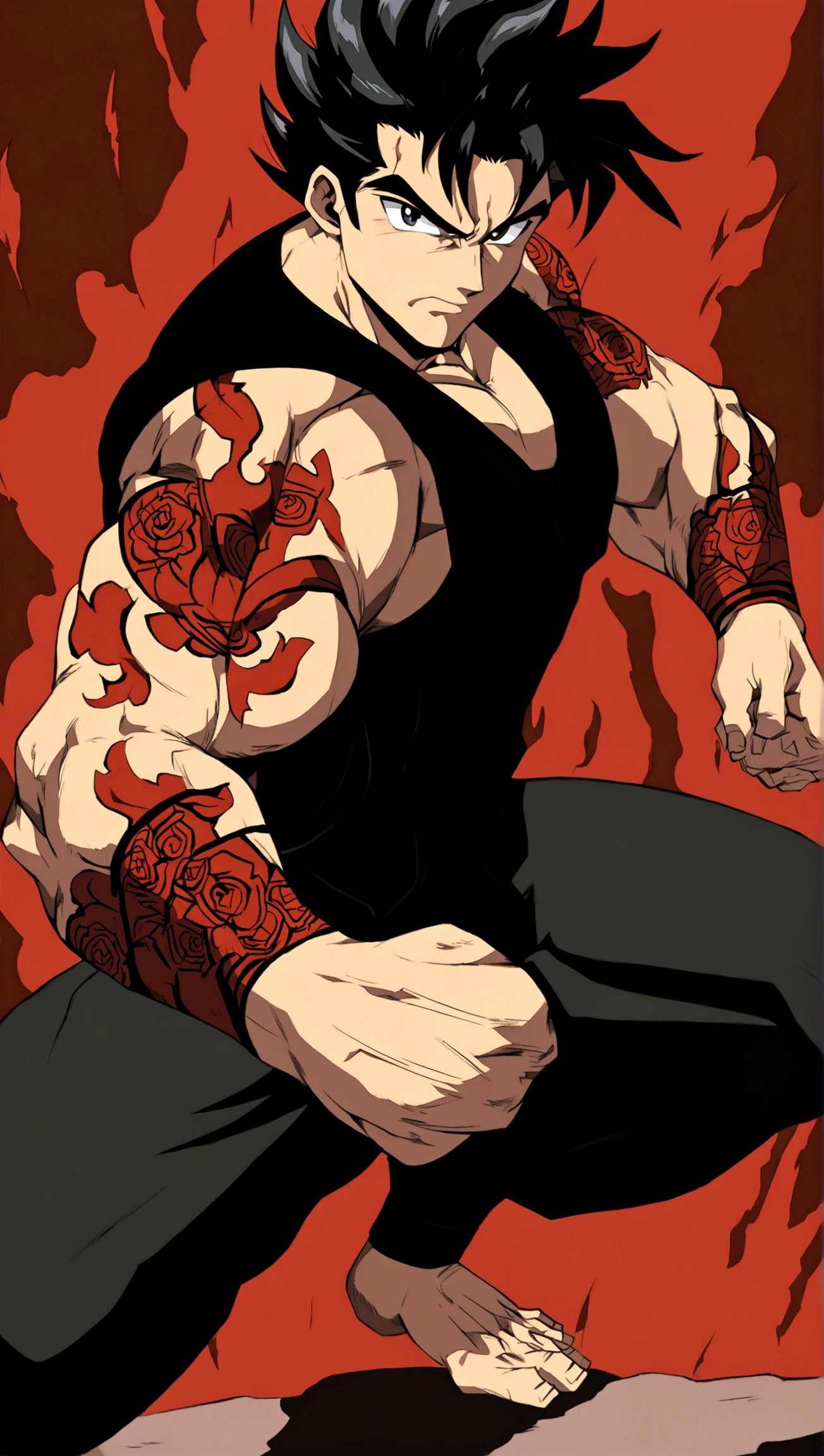 A muscular man with black hair and red and black tattoos on his arms is standing in a fighting stance, wearing red and black clothing. The background is red and black. The man has a determined expression on his face. He is ready to fight. The art style is anime, and the artist is Nakate.