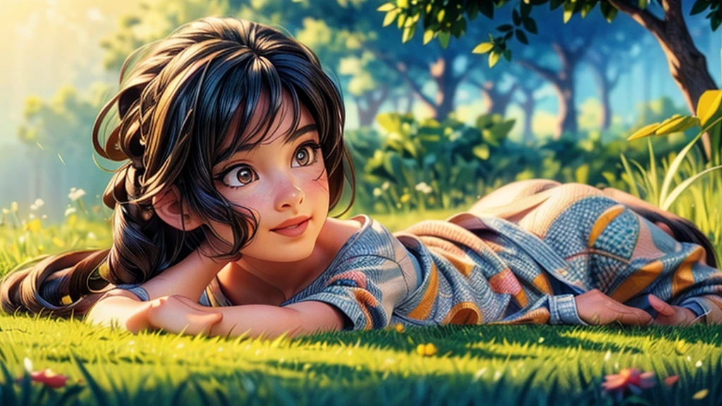 a young girl lying in a grassy field, watching the sunrise, beautiful detailed eyes, beautiful detailed lips, extremely detailed eyes and face, long eyelashes, serene expression, warm sunlight, golden hour lighting, vibrant colors, cinematic composition, photorealistic, 8k, hyper detailed, masterpiece